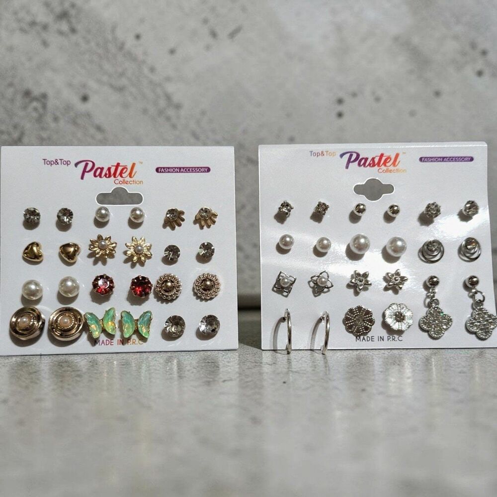 Gold & Silver Earrings Bundle Set | Pearl Studs, Rhinestone, Butterfly, Floral